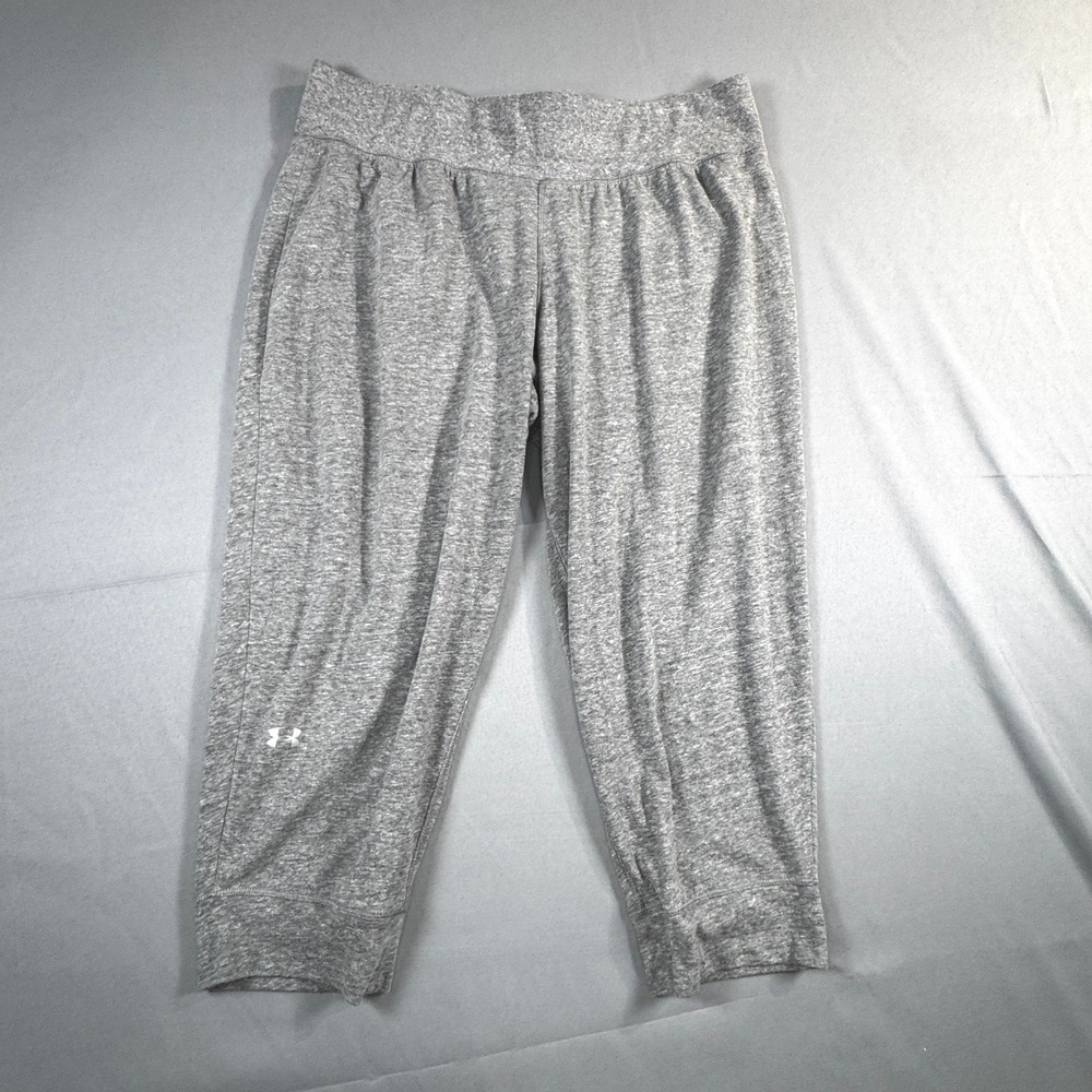 Under Armour Women L Gray Heather Cropped Sweatpants Joggers HeatGear Athleisure